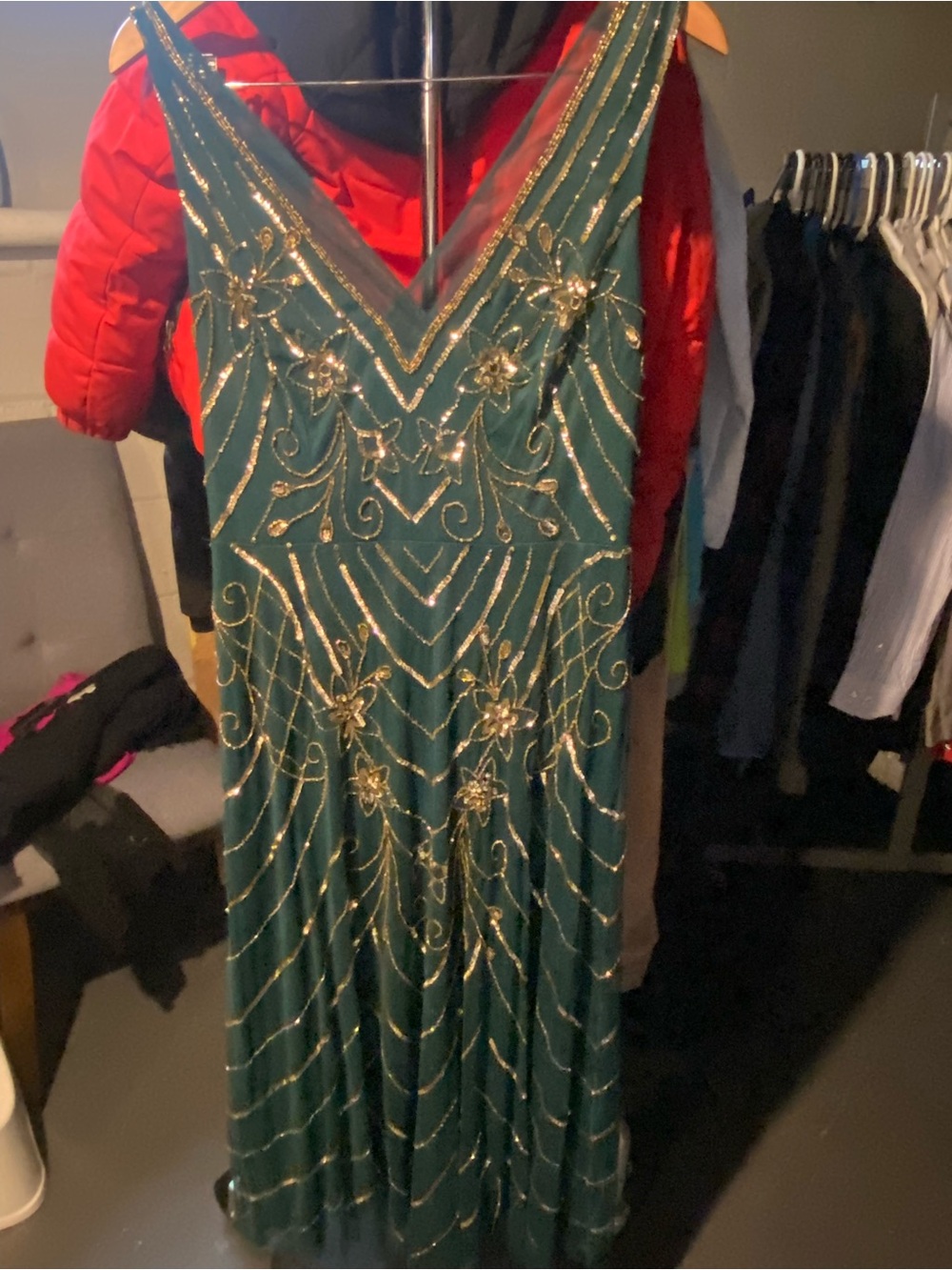 Adrianna Papell Emerald Green Gold-Beaded V-Neck Evening Dress